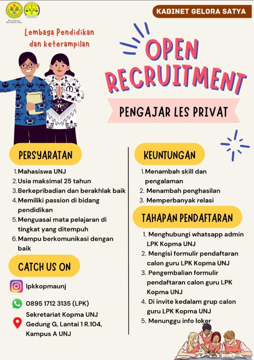 [𝐎𝐏𝐄𝐍 𝐑𝐄𝐂𝐑𝐔𝐈𝐓𝐌𝐄𝐍𝐓 𝐆𝐔𝐑𝐔 𝐏𝐑𝐈𝐕𝐀𝐓𝐄 𝐋𝐏𝐊 𝐊𝐎𝐏𝐌𝐀 𝐔𝐍𝐉]

Halo teman-teman Mahasiswa/i UNJ 🙋🏼‍♂

Bagi yang berminat dalam bidang pendidikan dan pengajaran. Yuk langsung daftar✨

Pendaftaran &amp; Informasi lebih lanjut :
Admin LPK : wa.me/+6289517123135