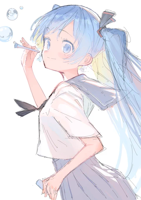 コレはシャボン玉で遊ぶミクさんの落書き。 #初音ミク
