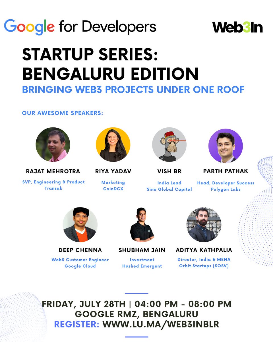 web3incommunity's tweet photo. GM GM☀️

We're excited to share the initial lineup of speakers for the @GoogleDevsIN x Web3IN Startup Series. 
Get ready for an incredible evening with top web3 engineering and investment leaders!

Register At: https://t.co/8xGWcLgzkM

Follow this 🧵 to learn about our speakers👇 https://t.co/SEgASMBZ5U