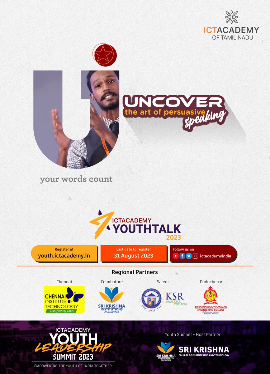 ictacademyindia's tweet photo. Uncover the art of persuasive speaking!
ICT Academy Youth Talk 2023 - The Massive Talkathon!
Register now: https://t.co/MVWRpiCTHi
#ictacademyindia #YouthTalk2023 #Talkathon #speechcompetition #talkingcompetition #bhfyp https://t.co/0CBoTIrObd