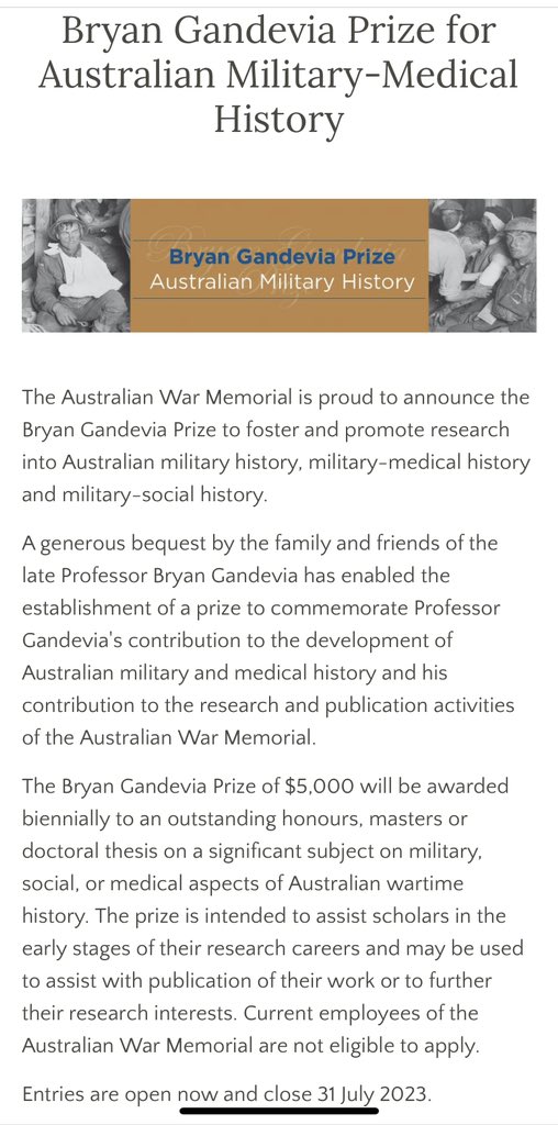 Reminder! Entries for the <a href="/AWMemorial/">Aust War Memorial</a>’s Gandevia prize for Australian military history closes soon 📖 💰 For more information: awm.gov.au/get-involved/g… #history #twitterstorians
