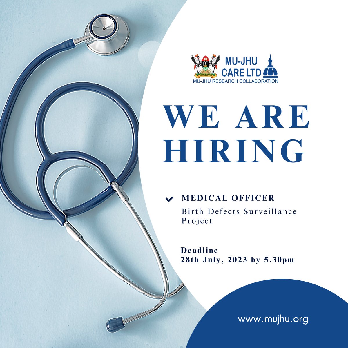 mujhu_care_ltd's tweet photo. Vacancy | Medical Officer, Birth Defects Surveillance project
Deadline: 28th July, 2023 by 5.30pm
https://t.co/zZ2IXykqoI
#mujhu #CDC #birthdefects #birthdefectssurveillance #vacancies #medicalresearch https://t.co/WuVZafnwpg
