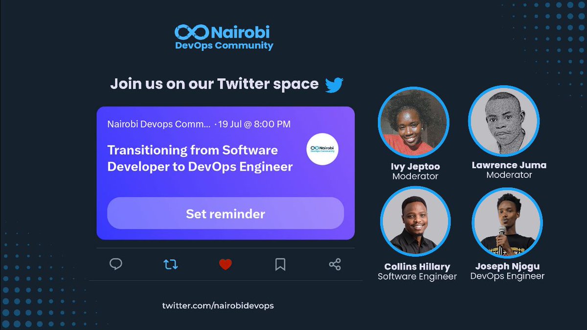 Join us this Wednesday, 19th July 2023 at 8 pm for an engaging session on Transitioning from Software Developer to DevOps Engineer.

Venue: Twitter Spaces
Link: twitter.com/nairobidevops

@nairobidevops @Devligence1 @boardhubmeeting #devops #SoftwareEngineering