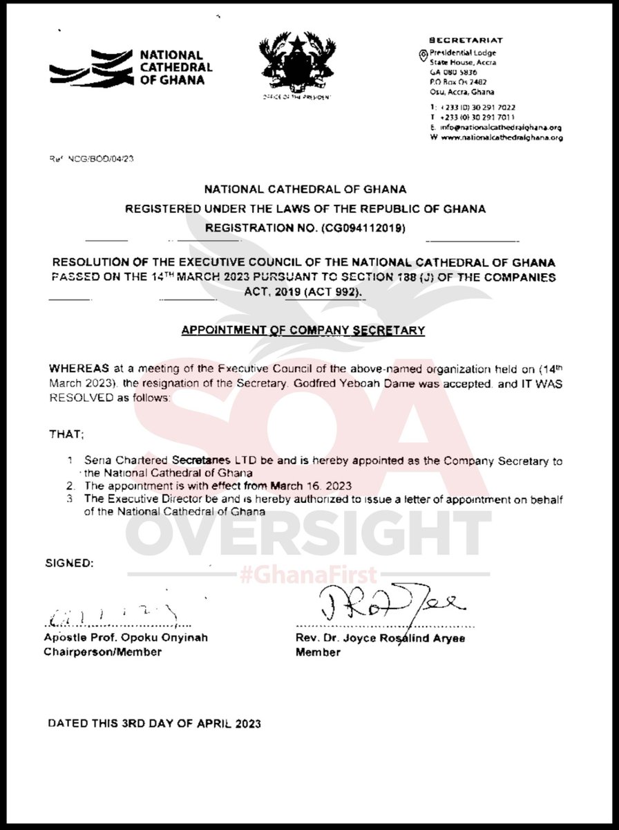 Newly intercepted documents reveal that on January 19, 2023 -- Ghana’s Attorney General, Godfred Yeboah Dame nicodemusly resigned from his role as Secretary to the Executive Council of the scandal-dominated "National" Cathedral of Ghana.

He was subsequently replaced on March 16,