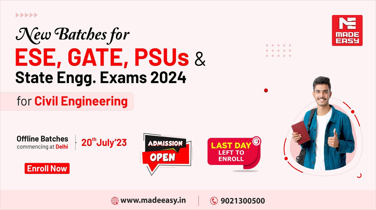 MADEEASY_Delhi's tweet photo. 𝗡𝗼𝘁 𝗬𝗲𝘁 𝗘𝗻𝗿𝗼𝗹𝗹𝗲𝗱!
Enroll now in #MADEEASY foundation course for ESE+GATE 2024, for Civil Engineering, starting from 20th July and devise your success path.

For more details, visit: https://t.co/lt8VpkPEXG

#ESE2024 #GATE2024 #classroomcourse #civilengineering https://t.co/loNpiD38zv
