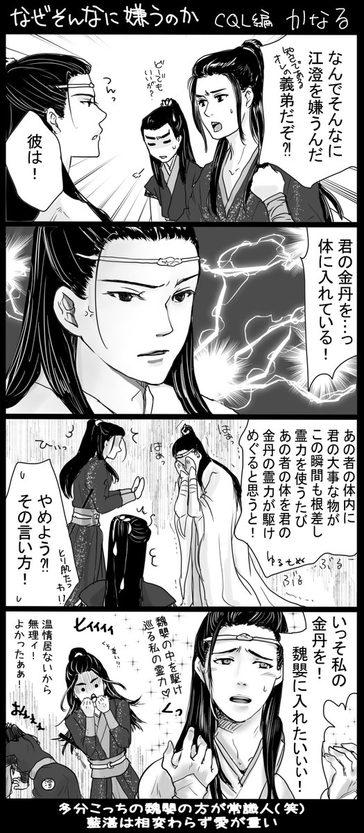 どうしてそんなに嫌うのか 魔道祖師の忘羨と、陳情令の忘羨で。 江澄の