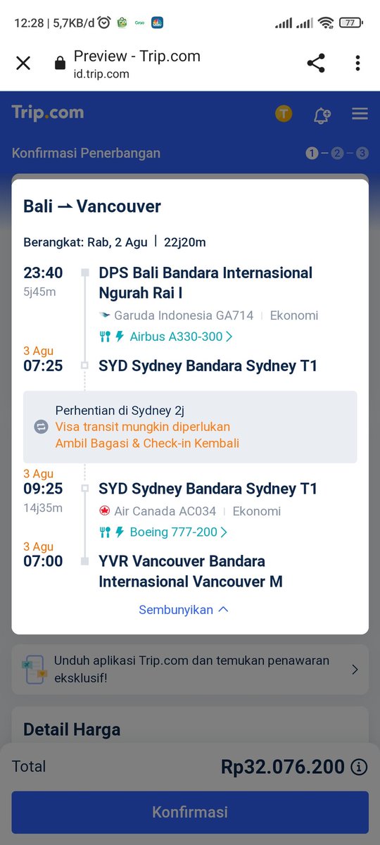 rizkiheru's tweet photo. Hi @IndonesiaGaruda saya sedang mencari tiket dari Bali menuju Vancouver di salah satu tiket online, dan banyak rekomendasi dg Garuda transit di sydney lalu lanjut dg Air Canada. Apakah transit tsb harus ambil bagasi dan check in ulang, atau langsung connect? Makasih https://t.co/D4CpquyaqI