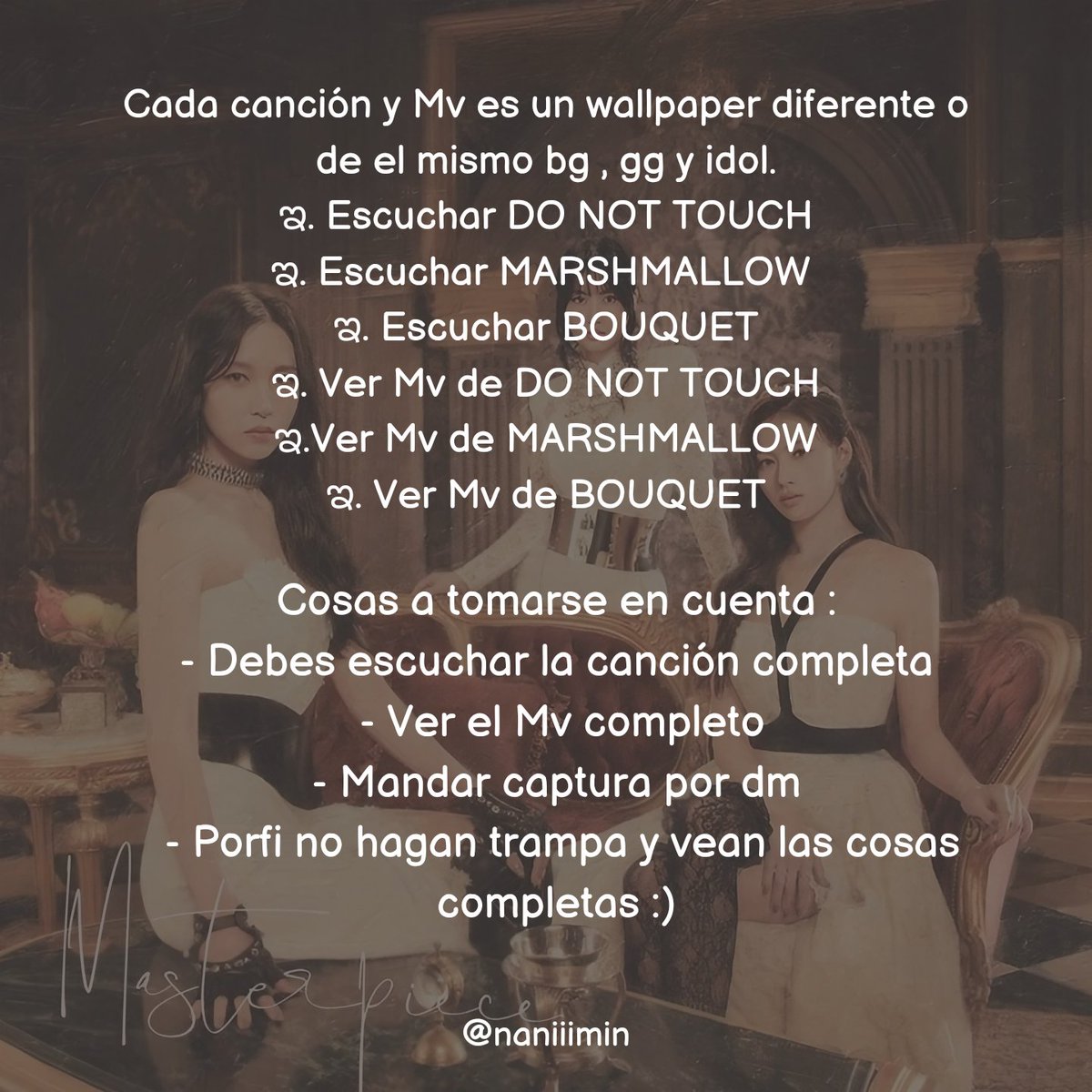 Estaré regalando wallpapers personalizados de el idol, bg o gg que quieran a los que ayuden reproduciendo las canciones de #MISAMO 💟

LINKS ABAJO 💌💌 #TWICE