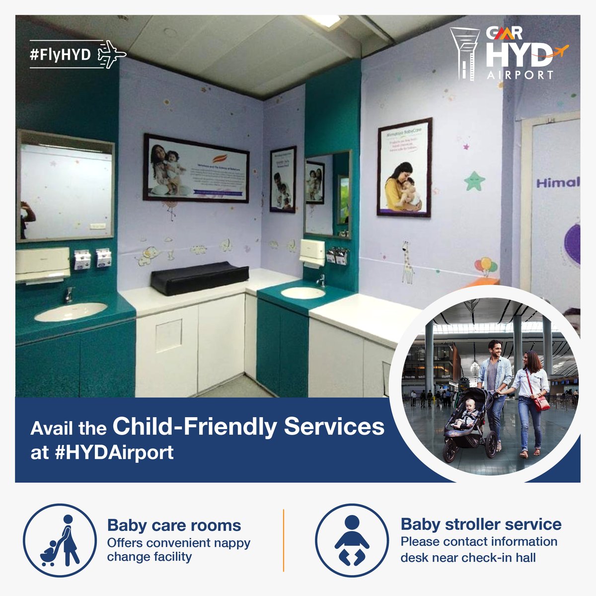 Go many miles, maintain those smiles! Enjoy the child-friendly services designed to help you travel through #HYDAirport with ease & safety.

#FlyHYD #BabyCare #BabyStroller #Mothers #ChildFriendly #NewBorn #Child #Passenger #PassengerIsPrime