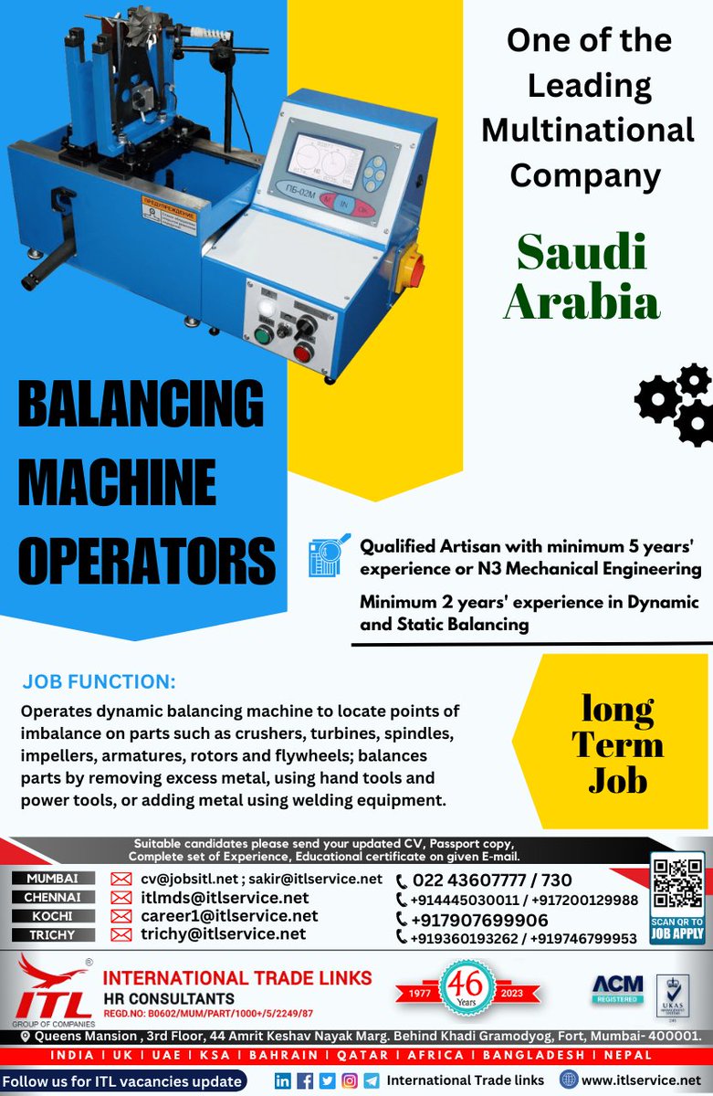 ItlJobs's tweet image. JOB VACANCY FOR #saudiarabia

Interested candidates, please send your updated CV on given emails
Learn more : itlservice.net

ITL H.O Location : bit.ly/3Nd5qXQ
#balance #machineoperator #dynamics #imbalance #static #saudi2023job #saudijobs #explore #exploremore