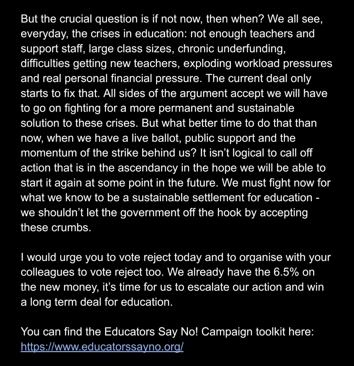 ADGCunni's tweet photo. Vote Reject and get ready for escalated action to win a long term deal for education. #VoteReject #educatorssayno @educatorssayno https://t.co/jRFwDlfZ5z