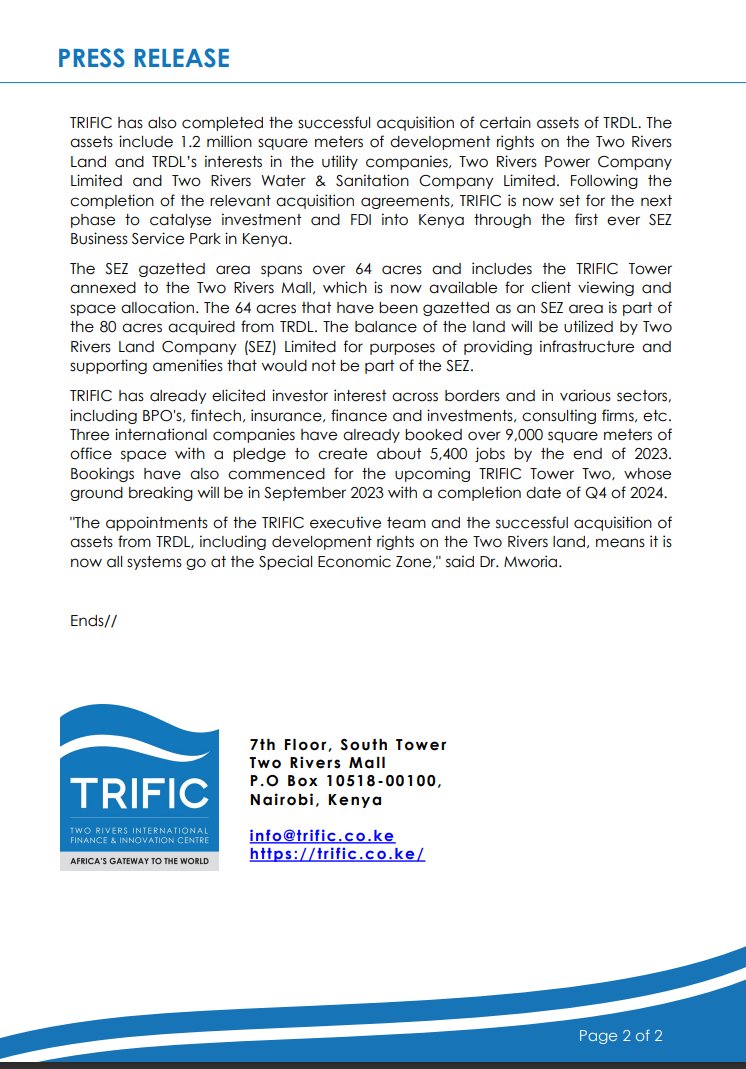 Centum Investor Relations (@centum_ir) on Twitter photo Two Rivers International Finance and Innovation Centre (TRIFIC) announces the appointment of top executives to operationalize the Special Economic Zone (SEZ). The project is sponsored by <a href="/CentumPLC/">Centum Investment</a> and is positioned to attract significant foreign direct investment into the region Two Rivers International Finance and Innovation Centre (TRIFIC) announces the appointment of top executives to operationalize the Special Economic Zone (SEZ). The project is sponsored by <a href="/CentumPLC/">Centum Investment</a> and is positioned to attract significant foreign direct investment into the region