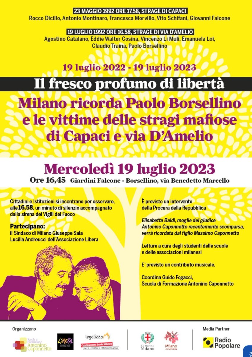 ginugiola's tweet photo. #FrescoProfumoLibertà
#Milano ricorda Paolo #Borsellino #magistrato 
#poliziotti #scorta uccisi 
via #DAmelio #Palermo #19luglio1992
Agostino #Catalano
Emanuela #Loi
Vincenzo #LiMuli
Walter Eddie #Cosina 
Claudio #Traina
Giardini #FalconeBorsellino
@VivMilano @AvvCanu @baratto_m https://t.co/7U0u4XLGSX
