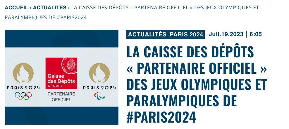 La <a href="/caissedesdepots/">Caisse des Dépôts</a>   devient « Partenaire Officiel » des Jeux Olympiques et Paralympiques de #Paris2024. "Déjà engagée dans la réalisation d’une partie du Village des athlètes, la Caisse des Dépôts renforce son soutien à l’organisation de Paris 2024 dont elle partage de