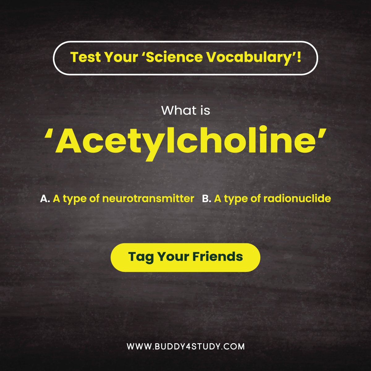 Buddy4Study's tweet image. Participate in this thrilling science vocabulary challenge and decipher the definition of the term 'Acetylcholine'. Share your answers in the comments section!
#VocabularyChallenge #WordMastery #ScienceVocabulary #ChallengeAccepted #Scientificterms #WordPuzzle #WordGame