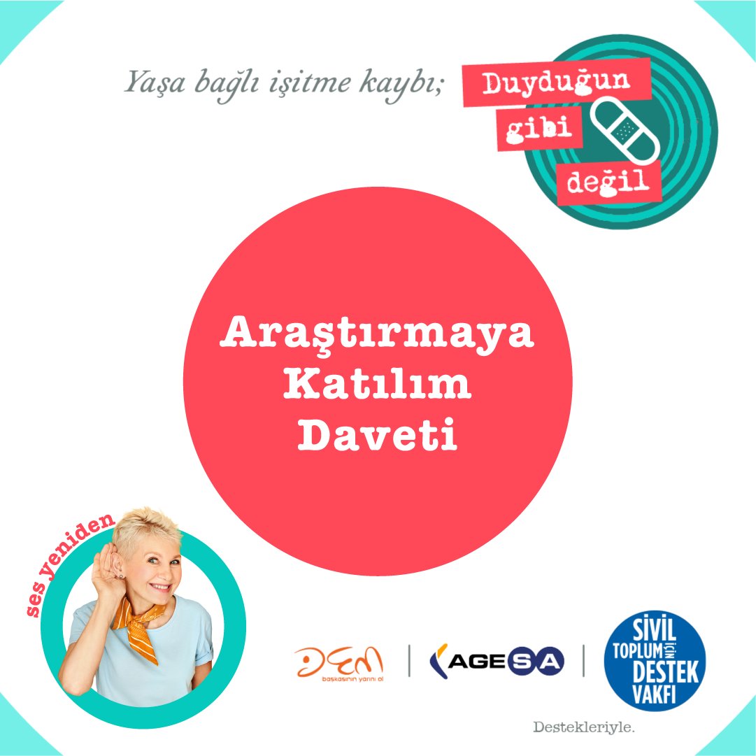 #sesyeniden araştırması için 65 yaş üstü, yaşa bağlı işitme kaybı yaşayan kişilerden ve/veya yakın çevrelerinden katılımcılar arıyoruz!

Araştırmamıza katılmak isterseniz bağlantıda yer alan formu doldurabilirsiniz:  forms.gle/V3rNAXUVqN8PUn…