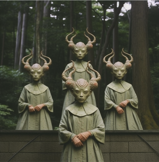 flashbynight's tweet photo. Prompt: Strange Japanese Cult https://t.co/V9neoz42Ei
