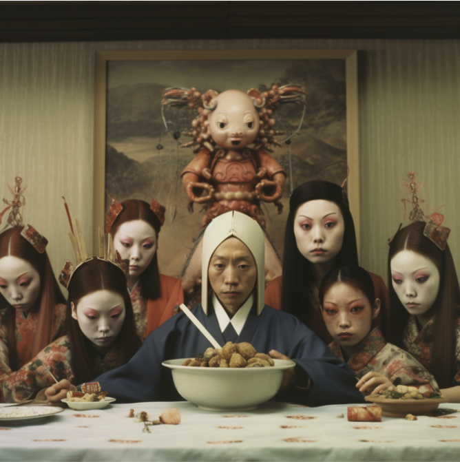 flashbynight's tweet photo. Prompt: Strange Japanese Cult https://t.co/V9neoz42Ei