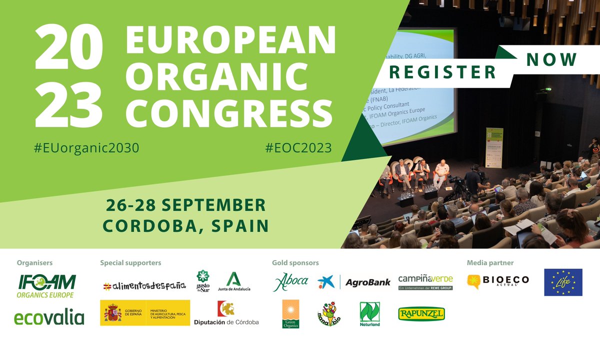 Rejoignez <a href="/OrganicsEurope/">IFOAM Organics Europe</a> et <a href="/Ecovalia/">Ecovalia</a> à Cordoue 🇪🇸 du 26 au 28 sept pour l'#EOC2023 ! Discussions sur des sujets brûlants, dîner de réseautage avec saveurs d'Andalousie et découverte des insights locaux en agriculture biologique lors de l'excursion du congrès. Inscrivez-vous 👉