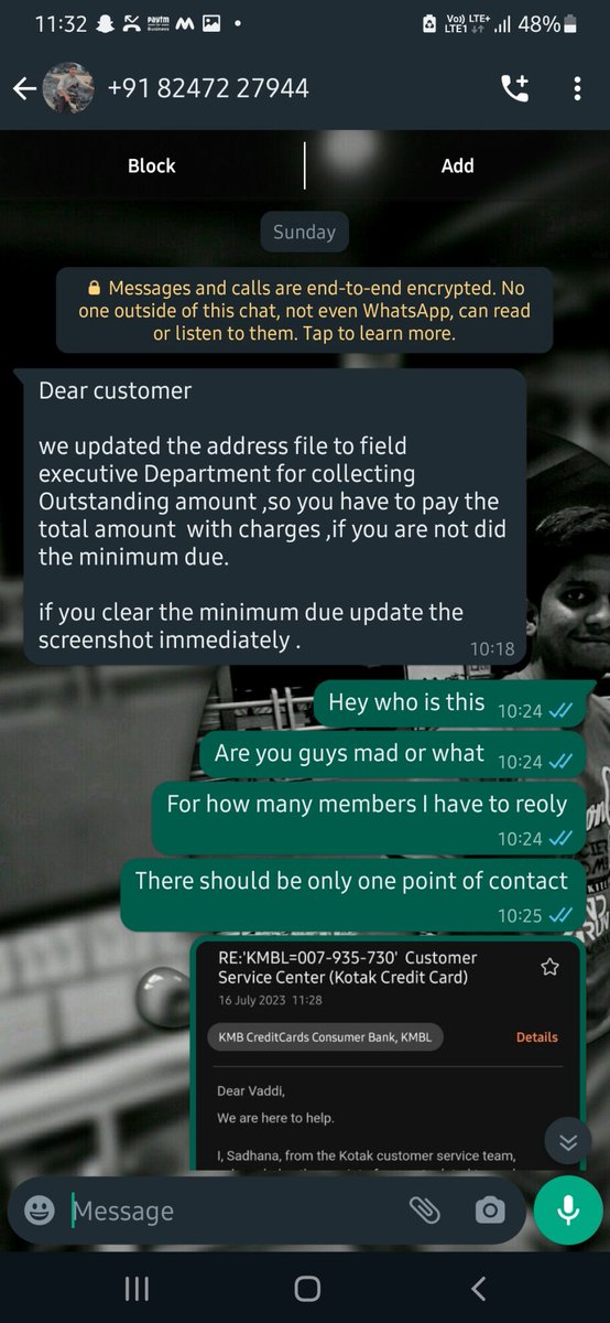 surya653's tweet photo. @KotakBankLtd What's the hell with this bank? There is no proper resolution since a month approx. But people starts harassing. They are sharing the number like Pulihora on the day of Ganesh Nimarjan. Those collections exe's behavior is worst @uday https://t.co/NRZpV0FwAr