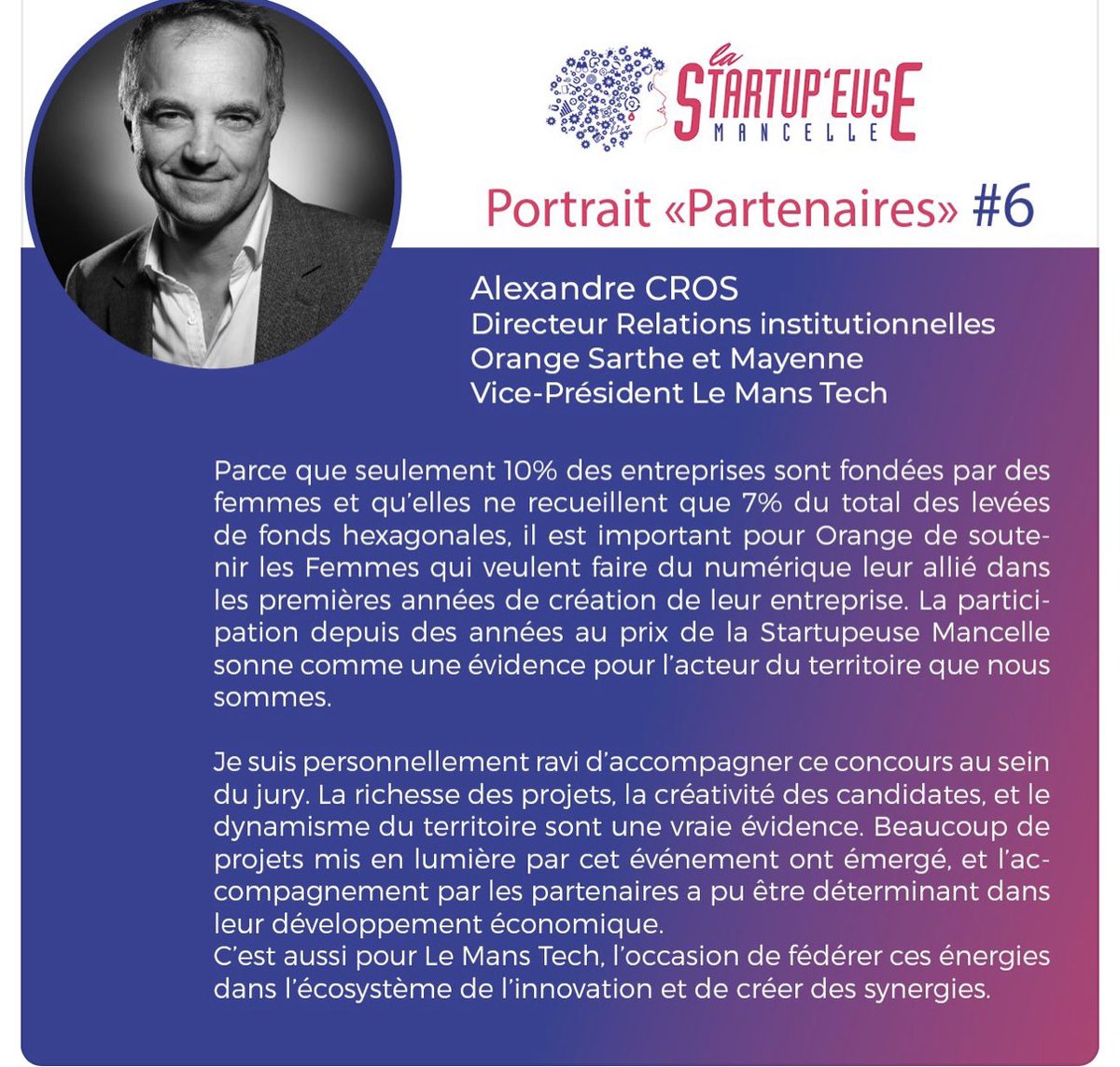 Alexandre Cros (@cros_alexandre) on Twitter photo Un super concours qui met en avant l’entrepreneuriat par des femmes.
Venez rejoindre cette belle aventure pour défendre vos projets dans notre beau territoire sarthois.
<a href="/OrangePaysLoire/">OrangePaysdelaLoire</a> partenaire de ce bel événement @LeMansDev <a href="/ofcourselemans/">Of course Le Mans</a> <a href="/LeMansTech1/">Le Mans Tech</a> Un super concours qui met en avant l’entrepreneuriat par des femmes.
Venez rejoindre cette belle aventure pour défendre vos projets dans notre beau territoire sarthois.
<a href="/OrangePaysLoire/">OrangePaysdelaLoire</a> partenaire de ce bel événement @LeMansDev <a href="/ofcourselemans/">Of course Le Mans</a> <a href="/LeMansTech1/">Le Mans Tech</a>