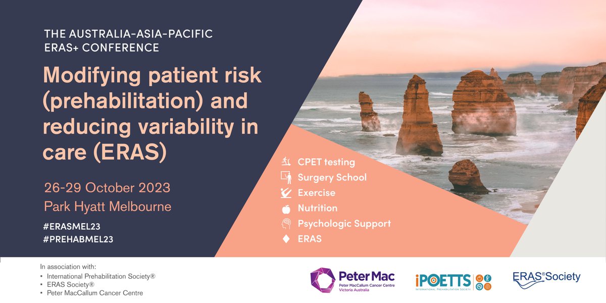 Register now for the #ERASMEL23 from 26-29 Oct in Melbourne. This meeting includes many international and local experts presenting on prehab &amp; ERAS. You won't want to miss this! tinyurl.com/2ssj5uvu <a href="/PeterMacCC/">Peter Mac Cancer Centre</a>, <a href="/ASA_Australia/">The Australian Society of Anaesthetists</a> <a href="/TheNZSA/">NZSA</a> <a href="/RACSurgeons/">RACSurgeons</a> <a href="/Monash_FMNHS/">Monash Medicine, Nursing and Health Sciences</a> <a href="/ErasSociety/">ERAS® Society</a>