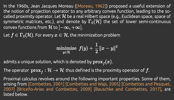 docmilanfar's tweet image. The Proximity Operator Repository:

proximity-operator.net

Has tutorials, properties, examples, code in Python, many references...

Interesting fact:
proximal operators ≡ maximum a-posteriori denoisers for unit variance Gaussian noise, with prior P(y), with
f(y) = -log P(y)