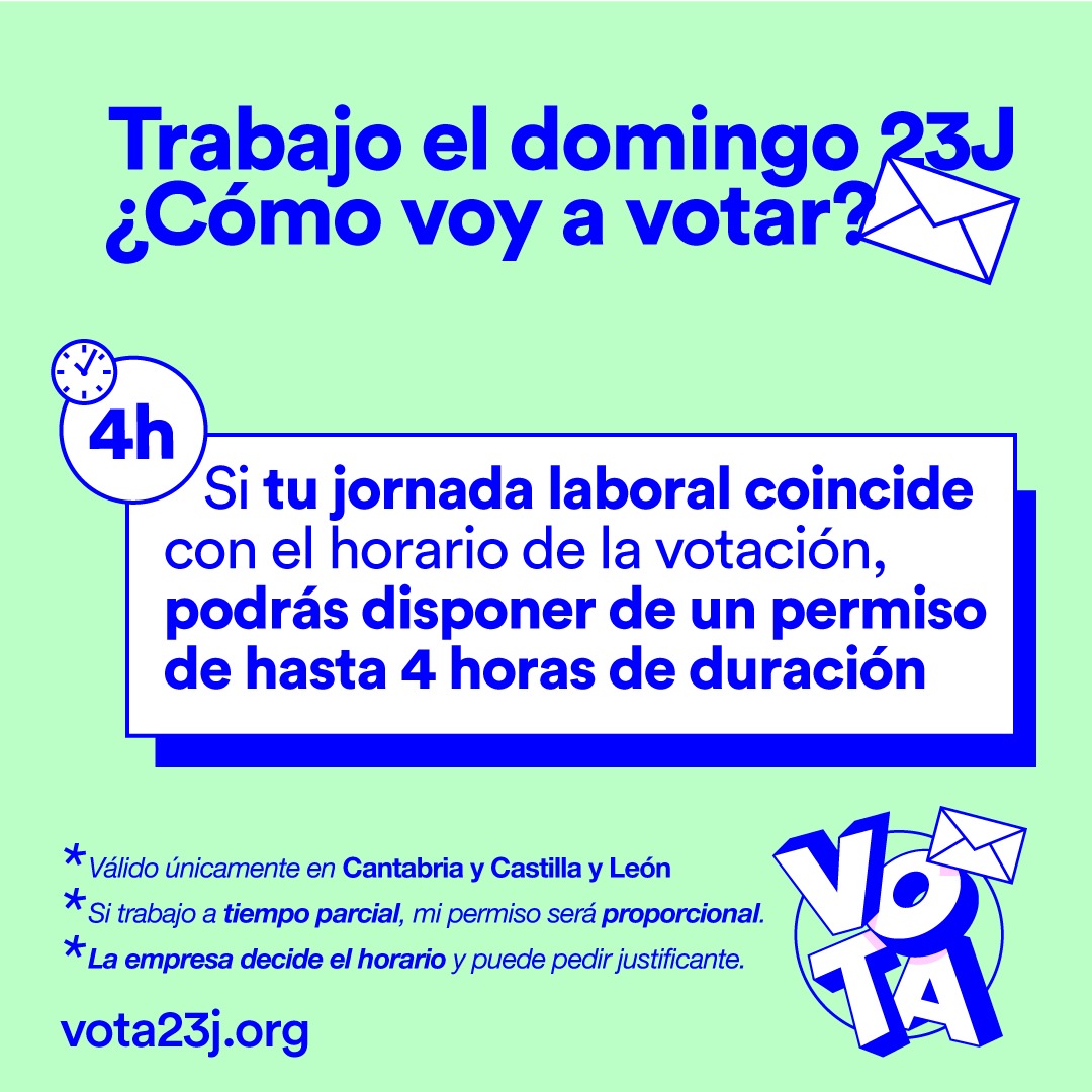 serviciosccoo's tweet photo. 👩‍⚕️👨‍🚒¿Trabajas el 23J? Recuerda que tienes derecho a un permiso para ir a votar, si tu jornada coincide con los horarios de la votación. 

👉🏻 Comparte con tus compañeros y compañeras de curro, ¡qué nadie se quede sin votar! 

#Vota23J https://t.co/B5nTTLLK6w