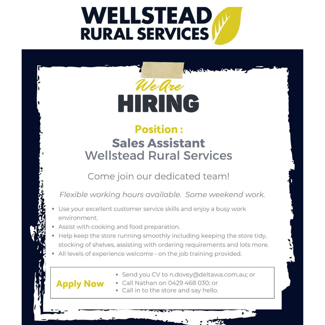 Wellstead_Rural's tweet photo. Wellstead Rural are looking for weekend staff 💪

Juniors are welcome to apply https://t.co/iXWUkgpa42