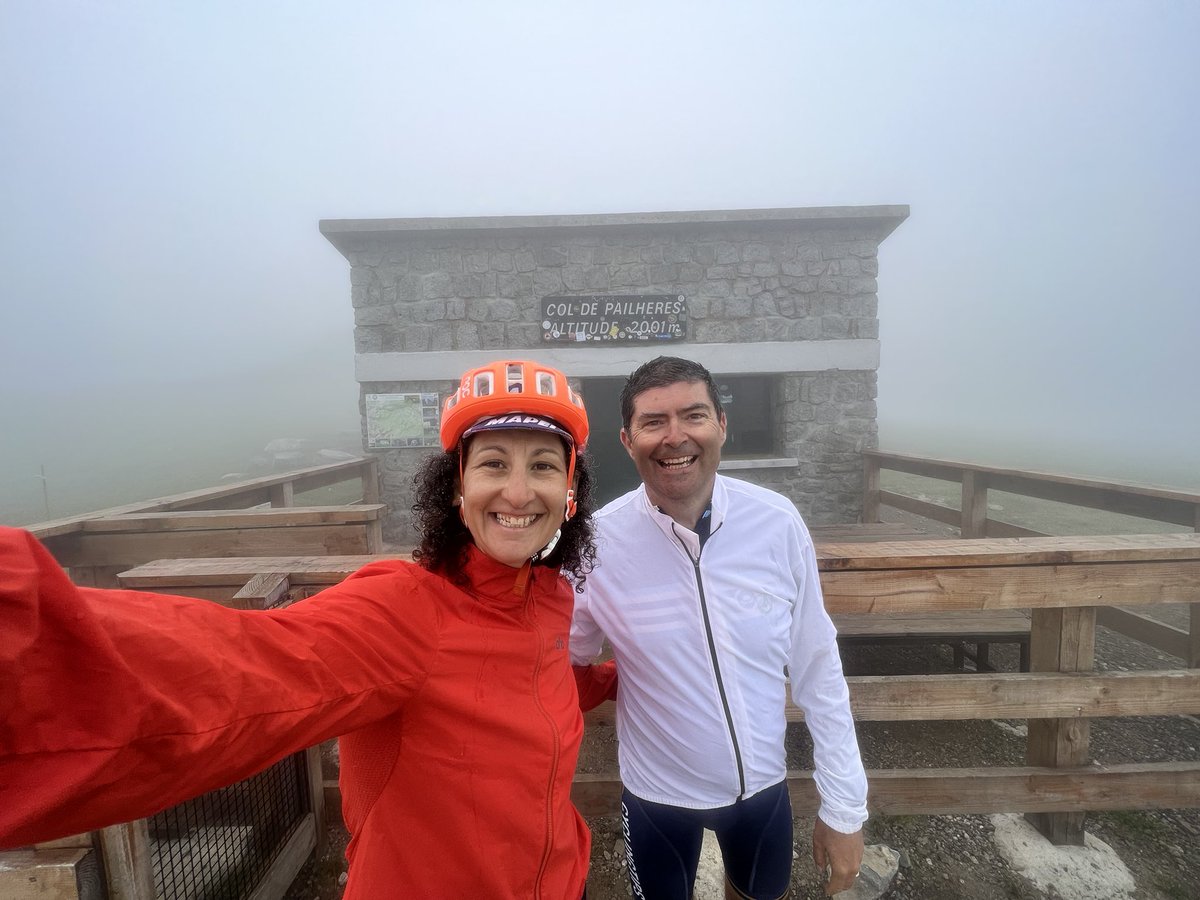 BellaCycling's tweet photo. Throwback to getting to the top of Col de Pailheres on our Pyrénées Traverse. Worst fog conditions I’ve experienced with a complete white out for the final 6kms. No real traffic bar some cows and sheep. Great climb. Still wonder what the views are like! #cycling #RaidPyrenees https://t.co/IyfPXl5jWr