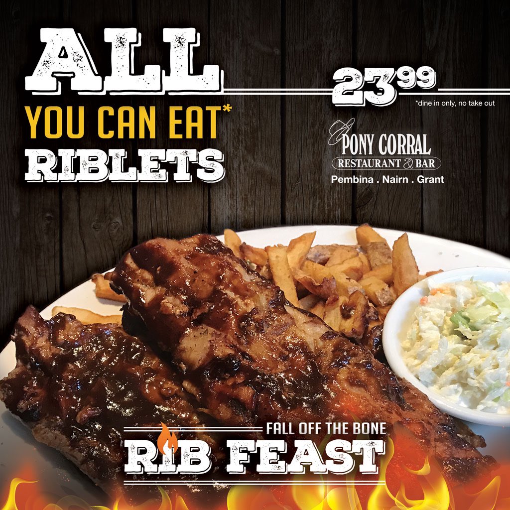🍖It’s an all you can eat mouthwatering Rib Feast with fall off the bone Ribbees or Riblets, served with fresh cut French fries and creamy coleslaw all prepared and priced just right for $23.99 ✨

So what are you waiting for!
#ponycorral