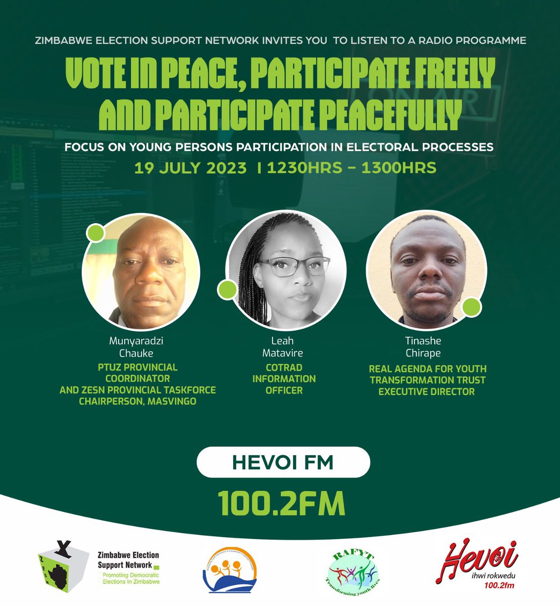 HevoiFm's tweet photo. Connect with us at 1230hrs for ZESN Radio Program as we discuss on the topic : Young persons participation in electoral processes. 

@cotradinfo 
@zesn1 
@rafyttrust 

#hevoifm https://t.co/oE6uh3vFlg