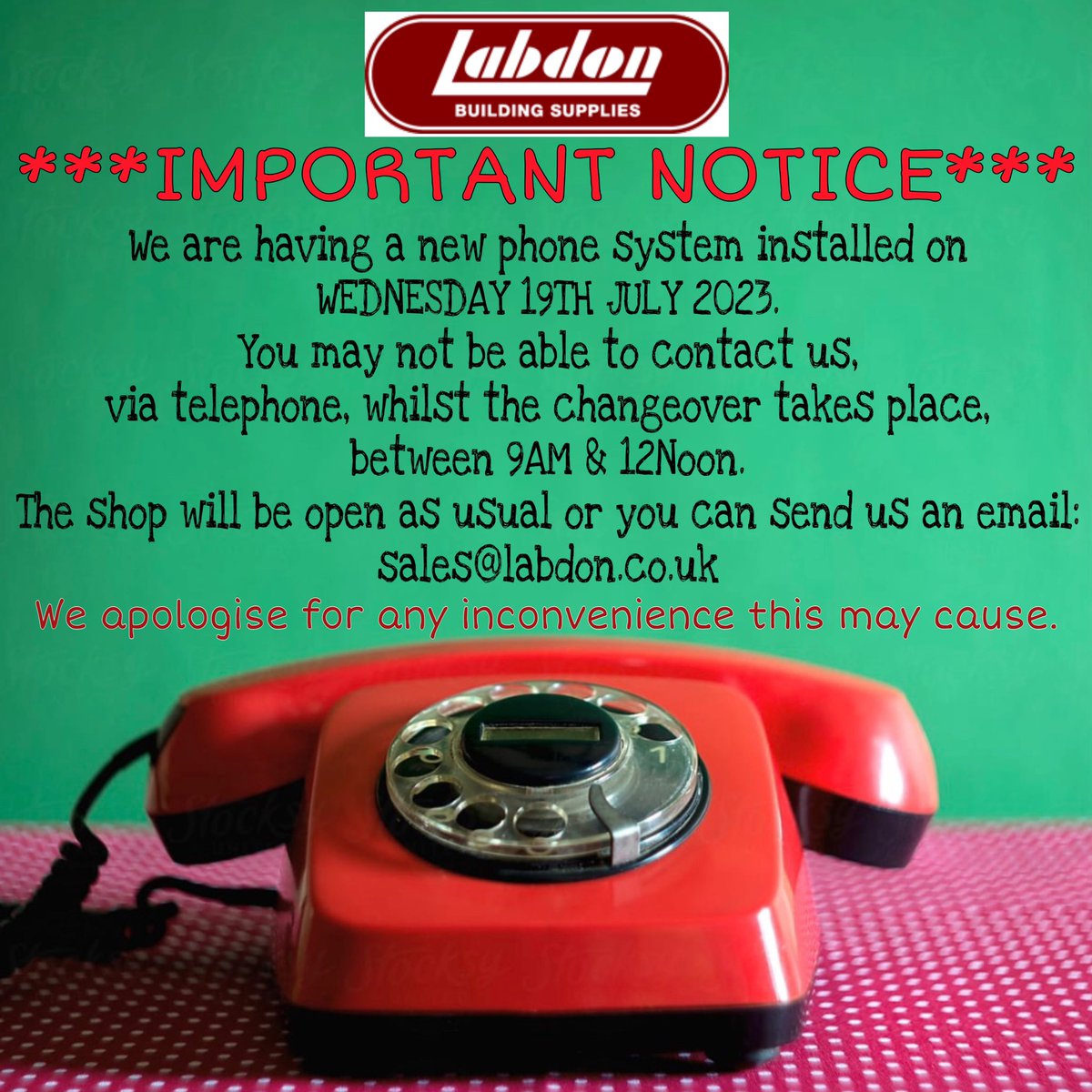LabdonBuilding's tweet image. 📵📵📵📵You may not be able to contact us between 9am and 12noon today, whilst our phone lines changeover 📵📵📵📵