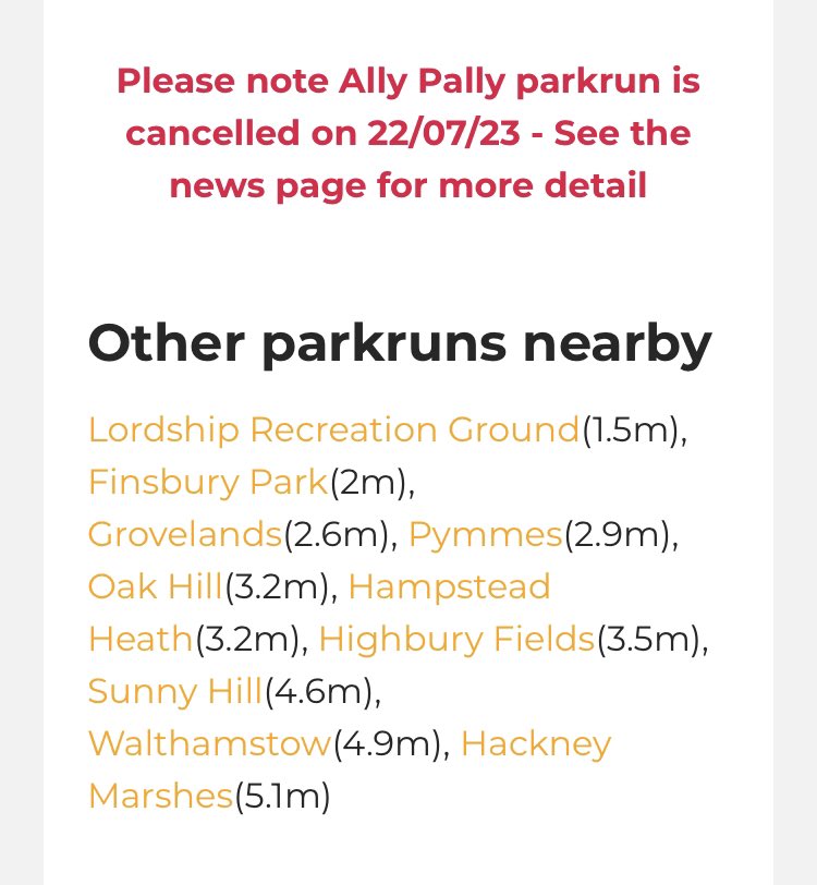 No Ally Pally parkrun this week due to concerts in the park. 
At the moment all our neighbours are on - but check before travelling. 
We’ll be back on the 29th all being well. #loveparkrun