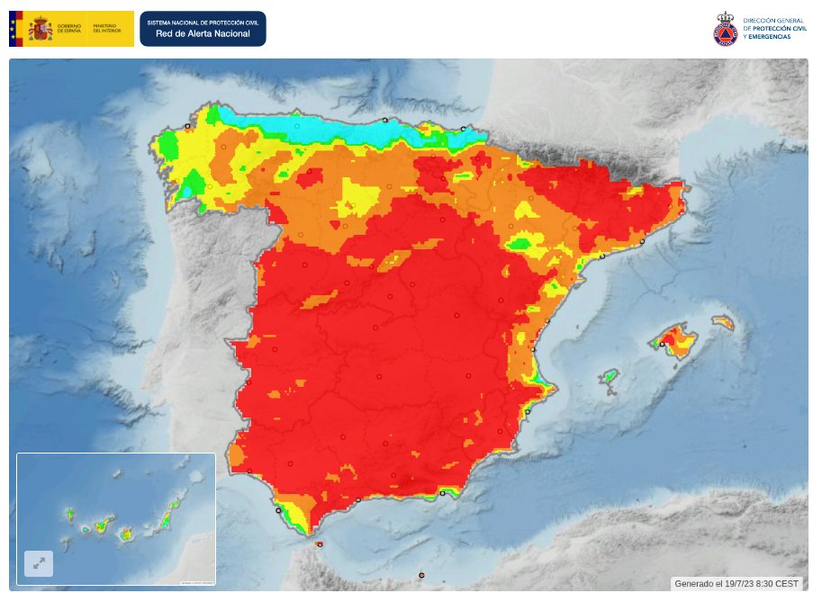 Así luce hoy el mapa de riesgo de incendios forestales que ofrece el visor de la Red de Alerta Nacional de <a href="/proteccioncivil/">Protección Civil</a> 

🟥 alerta por riesgo extremo de incendios🔥#IIFF

🟥 si ves un incendio 🔜 📞 112

👉 ran-vmap.proteccioncivil.es