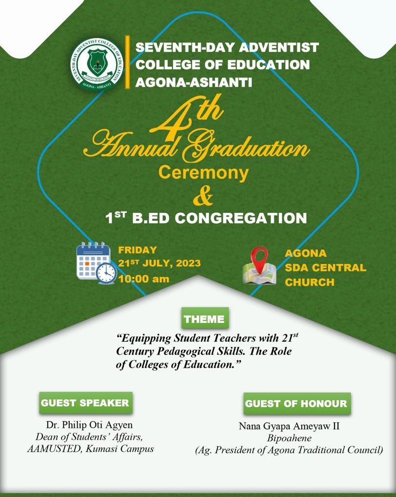Join us in the 4th Congregation for the 1st cohort of the B.Ed programme.
More at: facebook.com/sdacoeagona/

#SDACOEag #graduation #Ghana