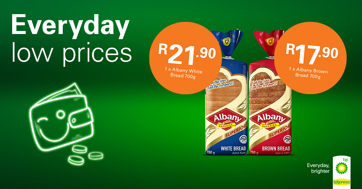 bp_SouthAfrica's tweet photo. Running low and need a quick and convenient top-up? Our #everydaylowprices deals are the next best thing to #slicedbread. Only available at your nearest #bpExpress nationwide. https://t.co/HkCU6DSriX