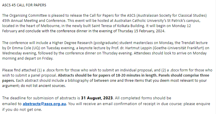 res_australes's tweet photo. #CFP #ASCS45 @ASCS1966 Australasian Society for Classical Studies 45th Annual Conference - Feb 12-15, 2024 @ACUmedia Melbourne/hybrid options. Abstracts/panels due Aug 31. Contact abstracts@ascs.org.au for abstract submission forms (no www yet?) Other enquiries: ASCS45@acu.edu.au https://t.co/z4sn1drLj1