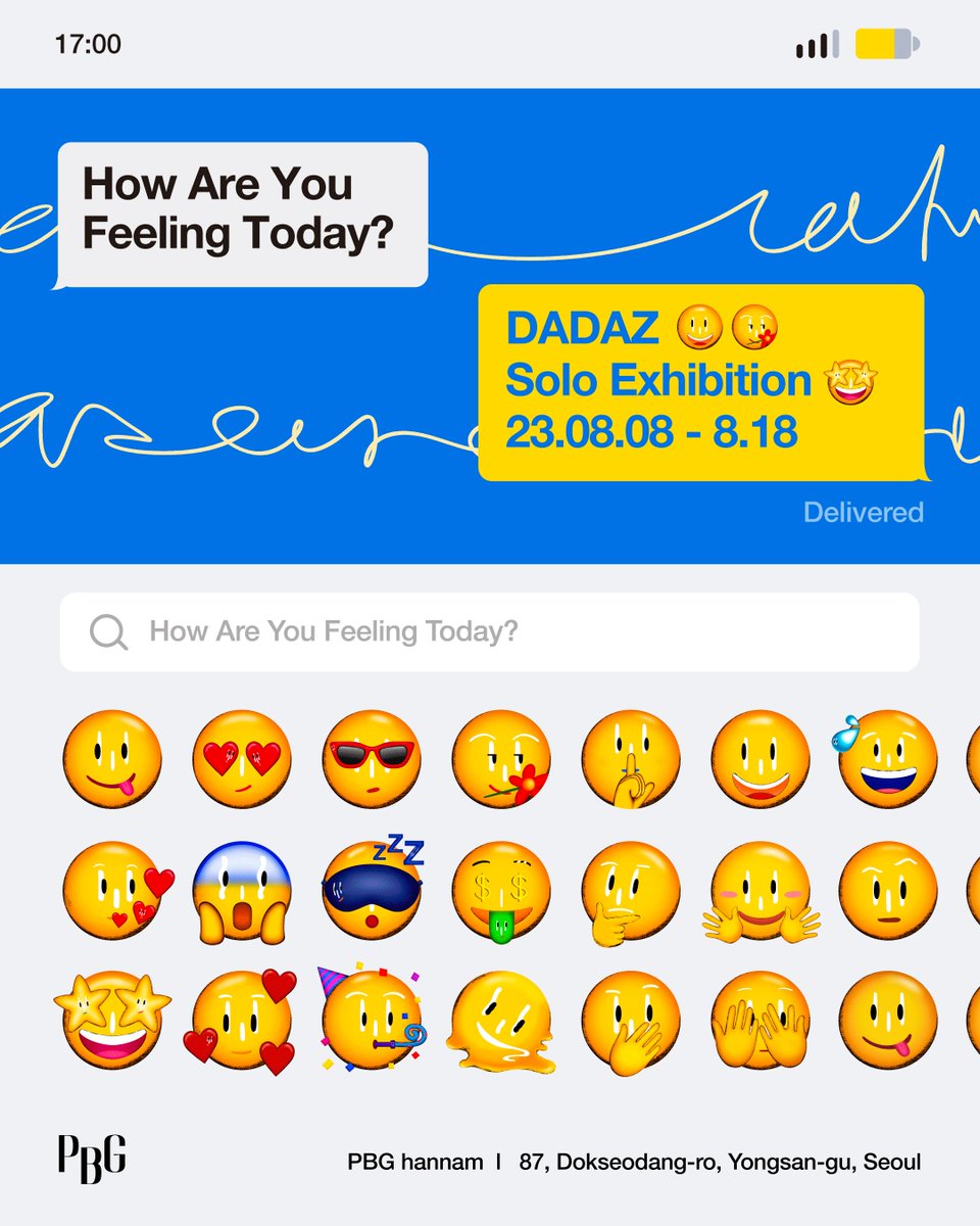 🥳 23년 다다즈 두번째 개인전 
[How Are You Feeling Today?]

🤩 날짜 : 8/8 ~ 8/18
🥸 장소 : 한남동 PBG
😎 작품수 : 54점 (5호~50호)
🖼️ 작품 사전구매 문의 <a href="/0xotashi/">Sotashi</a> 

🎁 전시이벤트 ( 다다즈 5호 원화 )
1️⃣ 다다즈 개인전 방문 인스타그램 인증
2️⃣ 8/18 다다즈데이 파티 참석
3️⃣ 추첨식 참석
