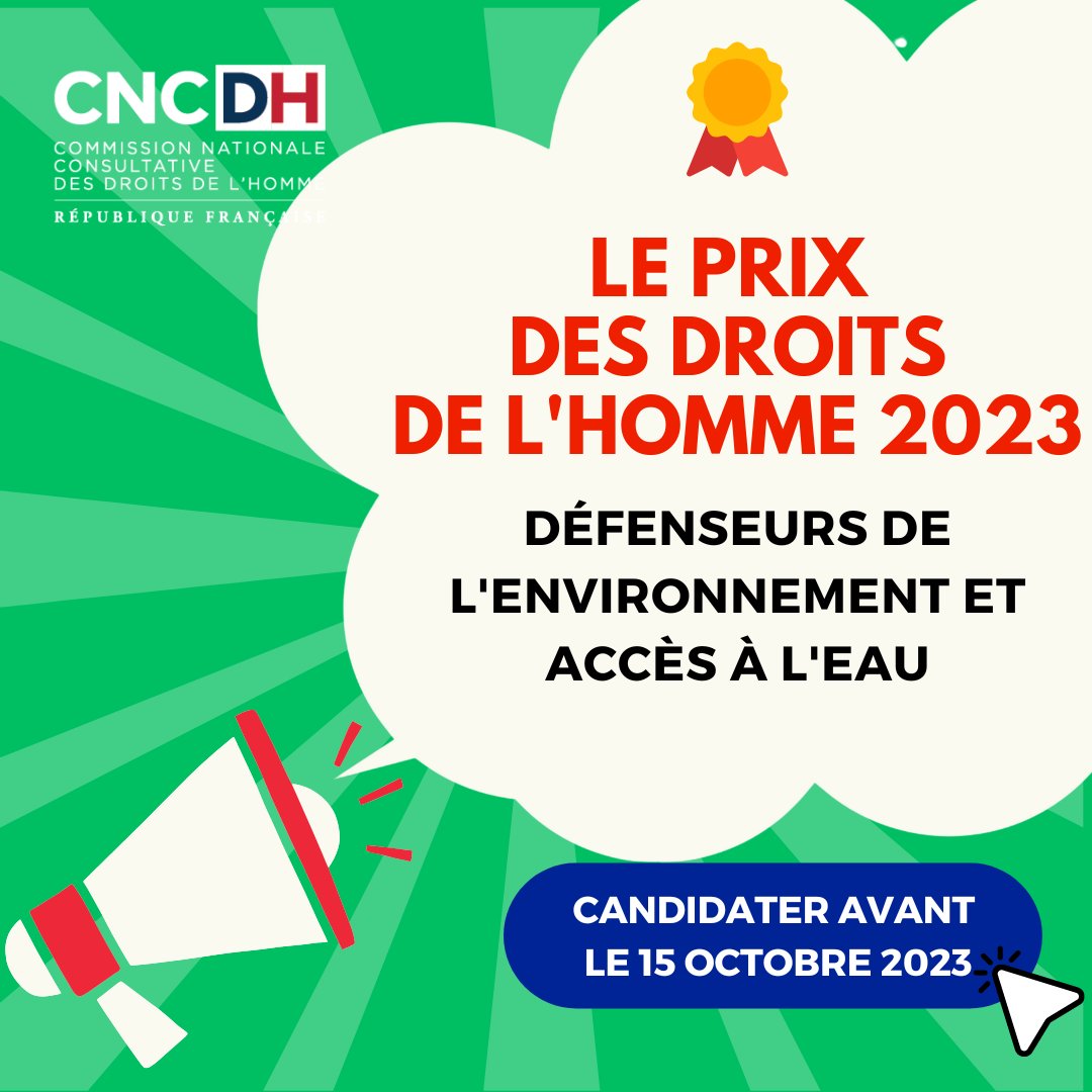 CNCDH's tweet photo. #PrixDH
📢Défenseures et défenseurs de l' #environnement et de l'accès à l'eau, l'édition 2023 du Prix des droits de l'Homme est pour vous.
🏆 Dotation et protection diplo
🗓️ Avant le 15 octobre
👉 https://t.co/CaZNbn7moW
#Humanrights #droithumains #HRDs #EnvironmentalDefenders https://t.co/CYqmWwXpRh