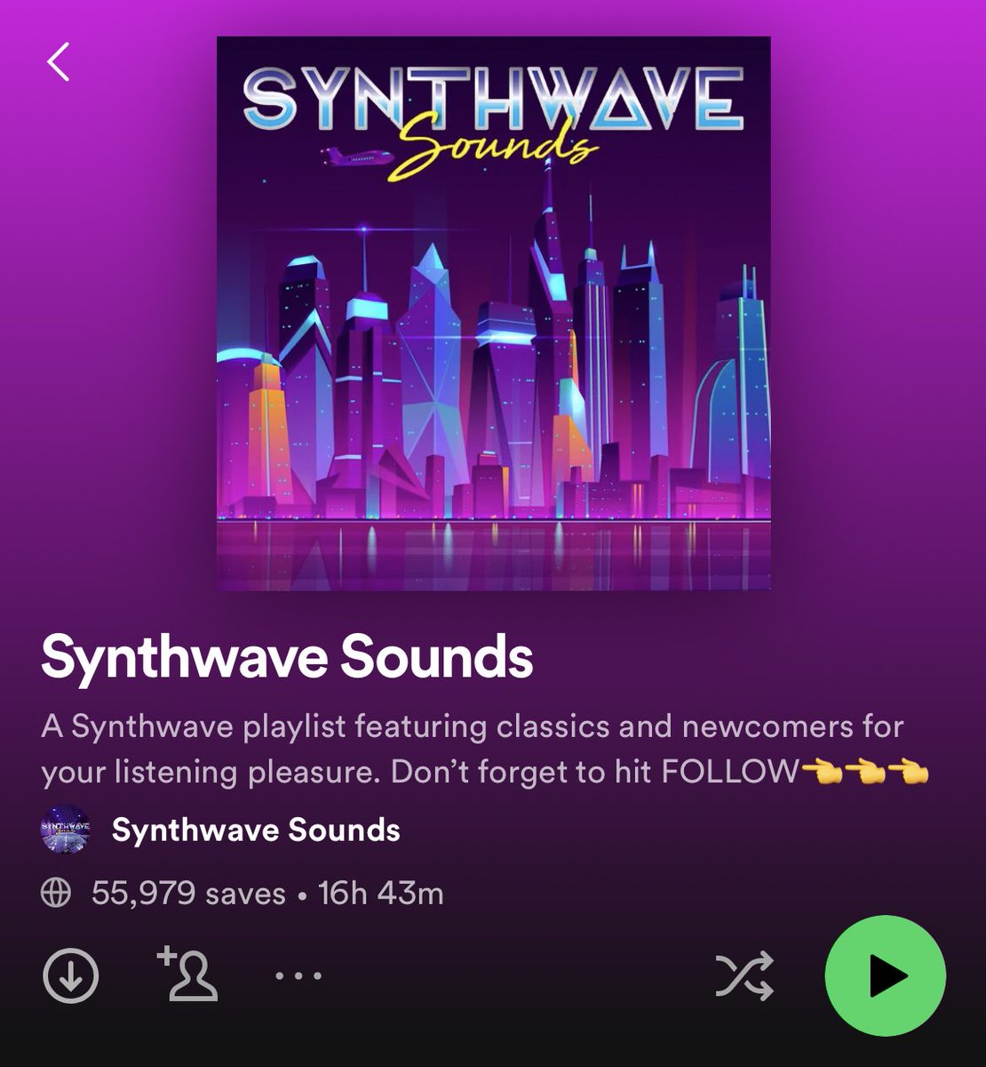 My Synthwave Sounds Playlist has almost hit 56,000 followers, let’s get it over the line! Taking submissions here for today, drop a link to your track below, follow the list and I’ll listen. Also if you submit a track please RT this, let’s spread the word! open.spotify.com/playlist/0QObI…