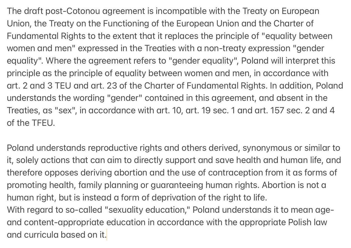 New on #PostCotonouAgreement :

Yesterday everyone happy Poland agreed to unblock. 

Today, Poles send other EU states a statement clarifying how they will interpret references to gender equality and sexual and reproductive health.