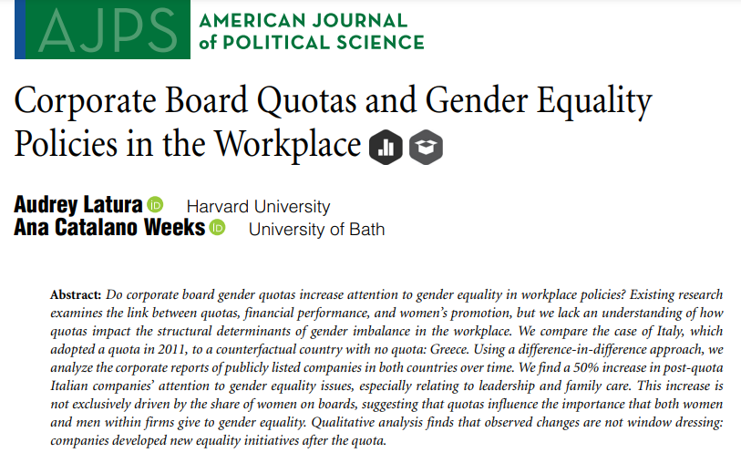 Now with page numbers ! My article w @audreylatura  on the effects of corporate board quotas is published today @AJPS_Editor. 

We find that quotas increase company attn to gender equality issues, esp related to leadership and family care.

Open access: dx.doi.org/10.1111/ajps.1…