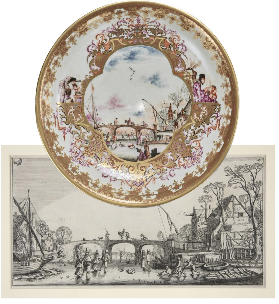 whitegoldsword's tweet image. A beautiful #Meissen Winter scene with people skating on a frozen river. It is based on an engraving of ‘The Months’ series by the Dutch artist Jan van der Velde II. Meissen artists had a portfolio of Dutch, German, French &amp;amp; Italian #engravings from which to copy from.