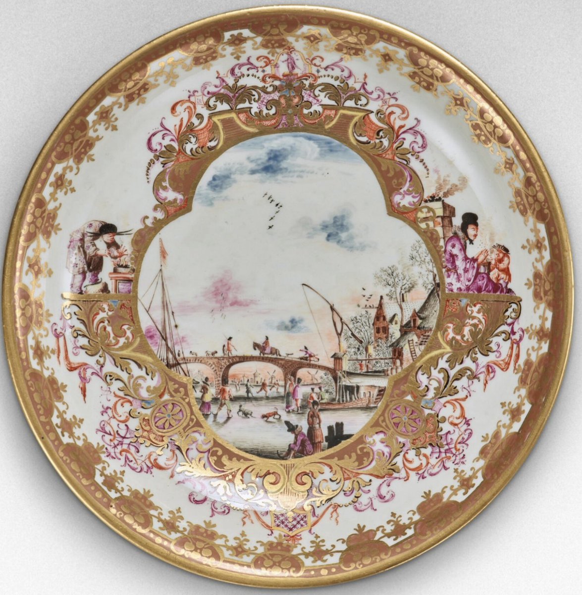 whitegoldsword's tweet image. A beautiful #Meissen Winter scene with people skating on a frozen river. It is based on an engraving of ‘The Months’ series by the Dutch artist Jan van der Velde II. Meissen artists had a portfolio of Dutch, German, French &amp;amp; Italian #engravings from which to copy from.