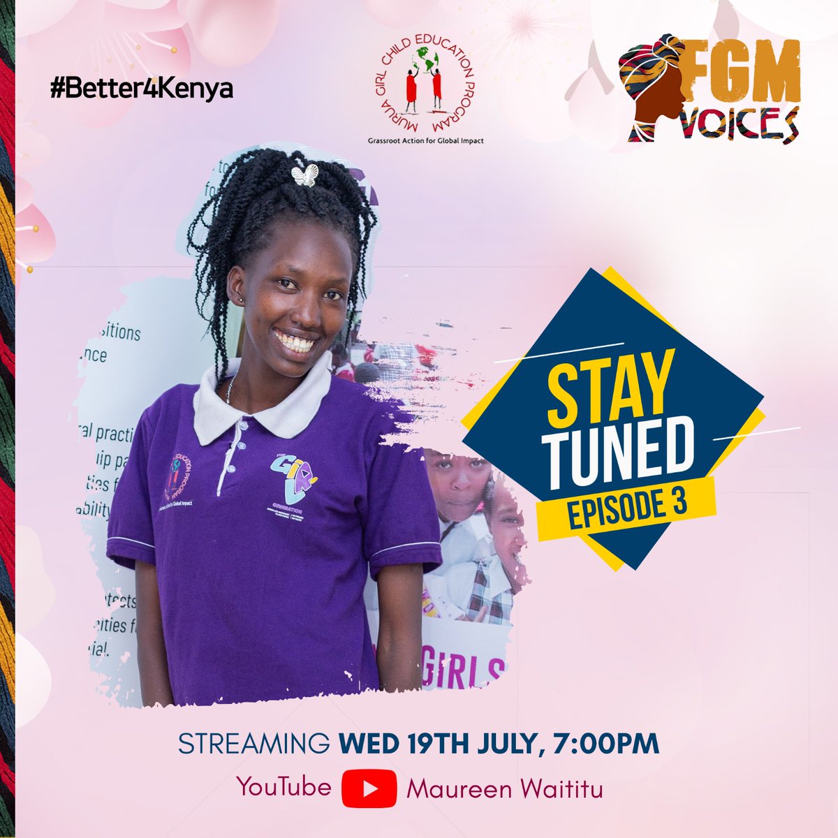 Episode 3 of #FGMVoices premieres today on YouTube. A story told by <a href="/muruagirls/">Murua Girl Child Education Program</a> own #FGM Champion See you 7:00pm on 👉🏾bit.ly/3NUlAoR 
Don’t miss it!
#EndFGMC because it’s #Better4Kenya💯
#EndGBV
#MenAsAllies
#InvestDontRest
#ZeroToleranceToFGM
