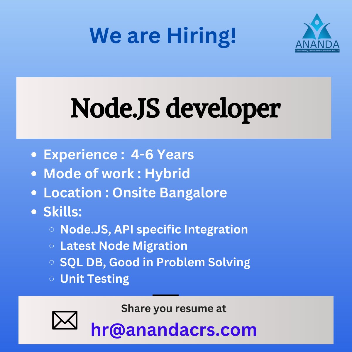 We are Hiring!

#nodejsdevelopers #nodejsdeveloper #nodejs #nodejsjobs #bangalorejobs #bengalurujobs #apiintegration #sqldatabase #unittesting #hiring #experience #onsite #onsitejob #bangalorejobs #bangaloreitjobs #bangalore #fulltime #fulltimejobs