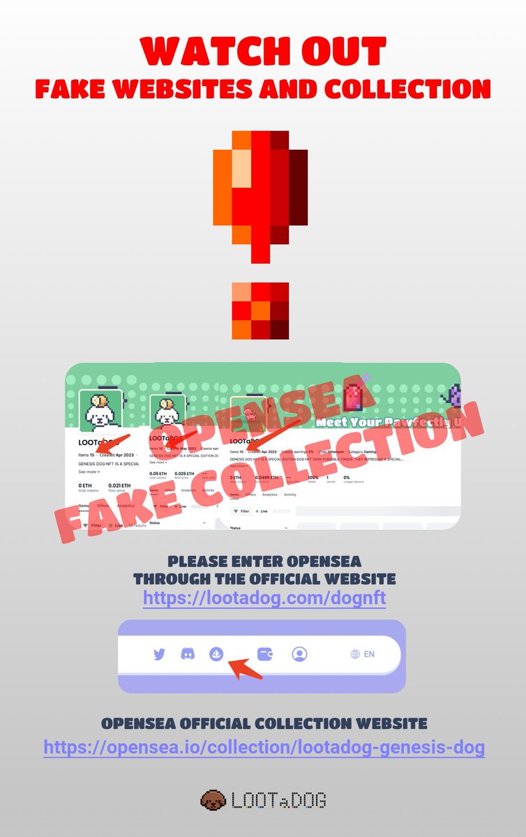 ⚠️ CAUTION ⚠️

🚨Scam links are still going around!🚨

Please only click on these official LOOTaDOG links:
✅ Etherscan: etherscan.io/address/0x9ef2…
✅ Opensea: opensea.io/collection/loo…

Again, let’s exercise caution always! 🙏