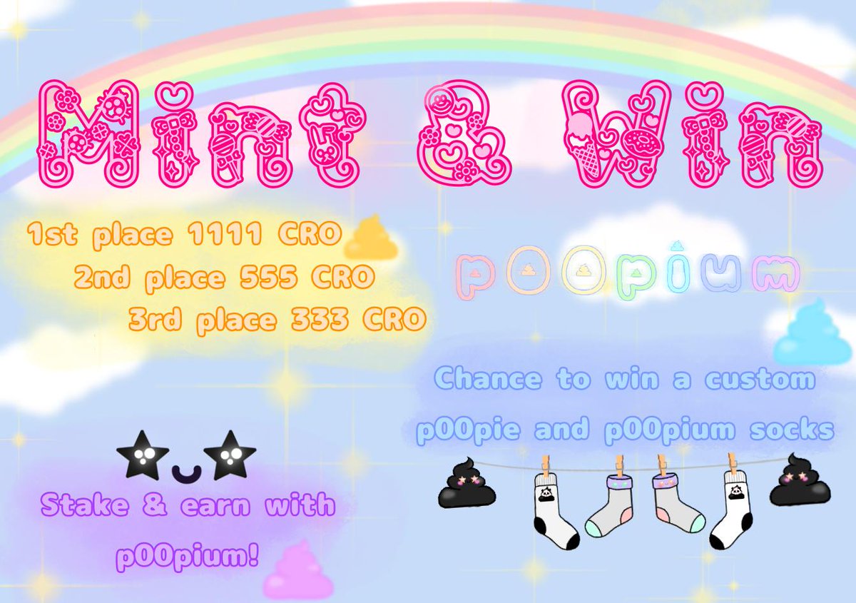 Mint, win, and stake your way to epic rewards! Earn your share of 
1111 CRO, 555 CRO, and 333 CRO bounties. Plus, every 11 mint gets a chance to win a custom poopie and exclusive p00pium socks. Let the p00pium madness begin! 
@CronosCorgi
linktr.ee/p00pium

#CronosChain
