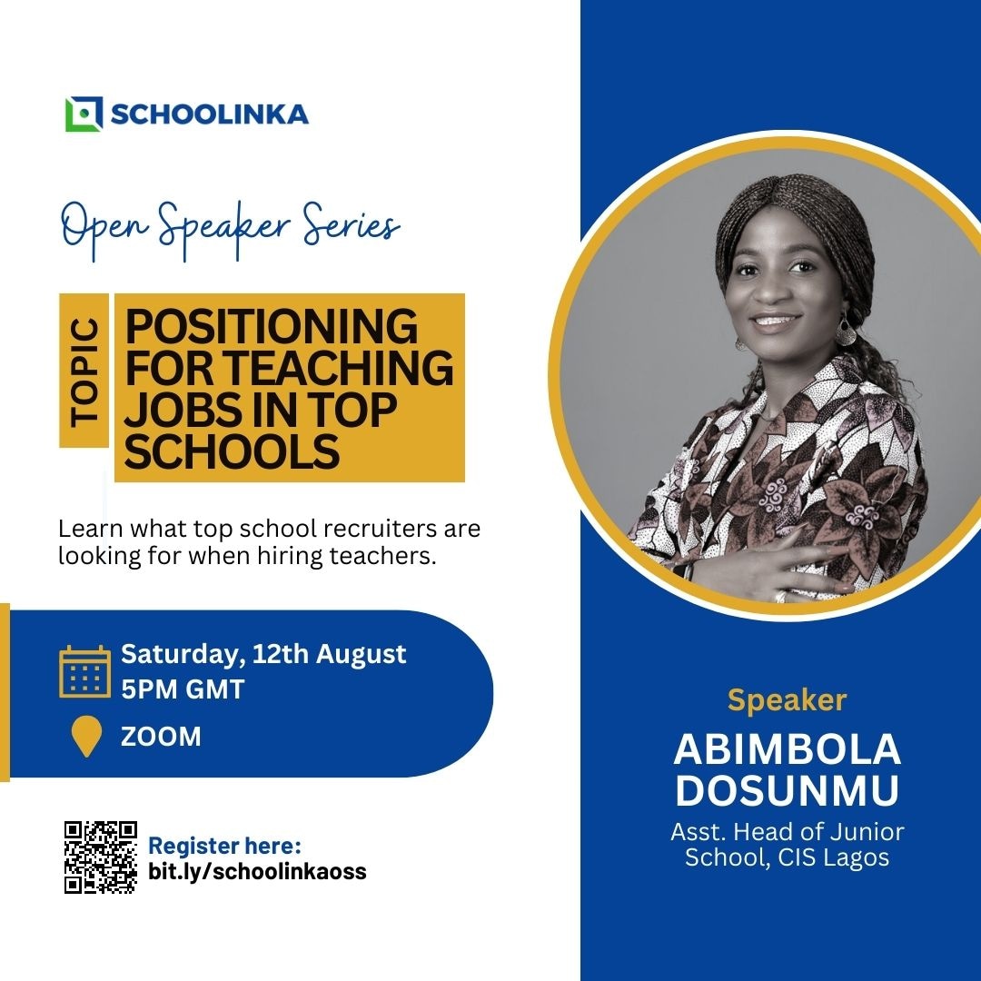 🎓 Join Schoolinka's Open Speaker Series

🗓️ Date: Saturday, 12th August, 2023 ⏰ Time: 5 pm 🌐 Location: Online - Join from anywhere!

👉 Register now for FREE at bit.ly/schoolinkaoss and reserve your spot!

Don't miss this golden opportunity to elevate your teaching career.